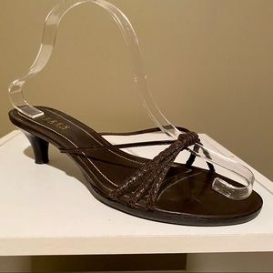 Lauren Brown Kitten Heel Leather Braided Sandals